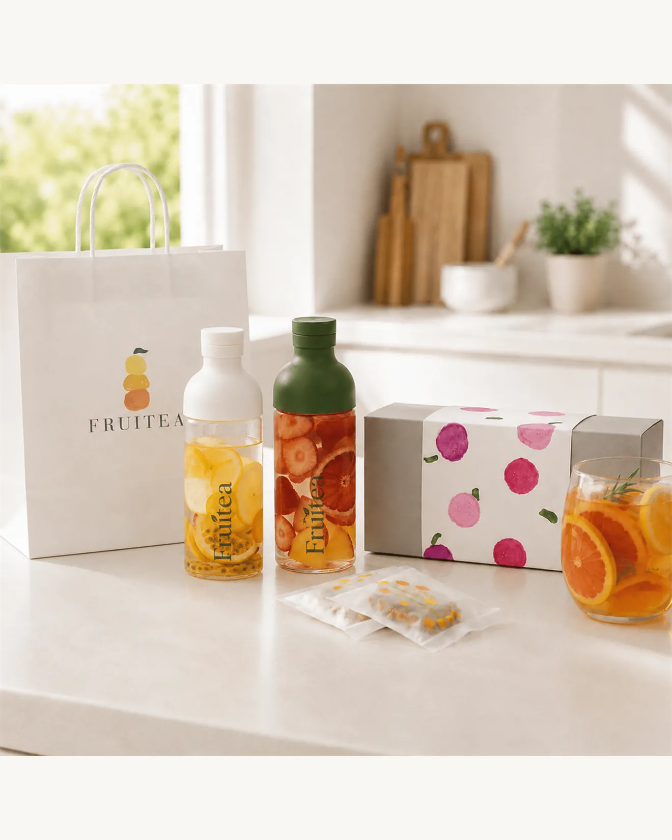 明亮廚房檯面上的 FRUITEA 果乾水隨身瓶、獨立果乾包與提袋