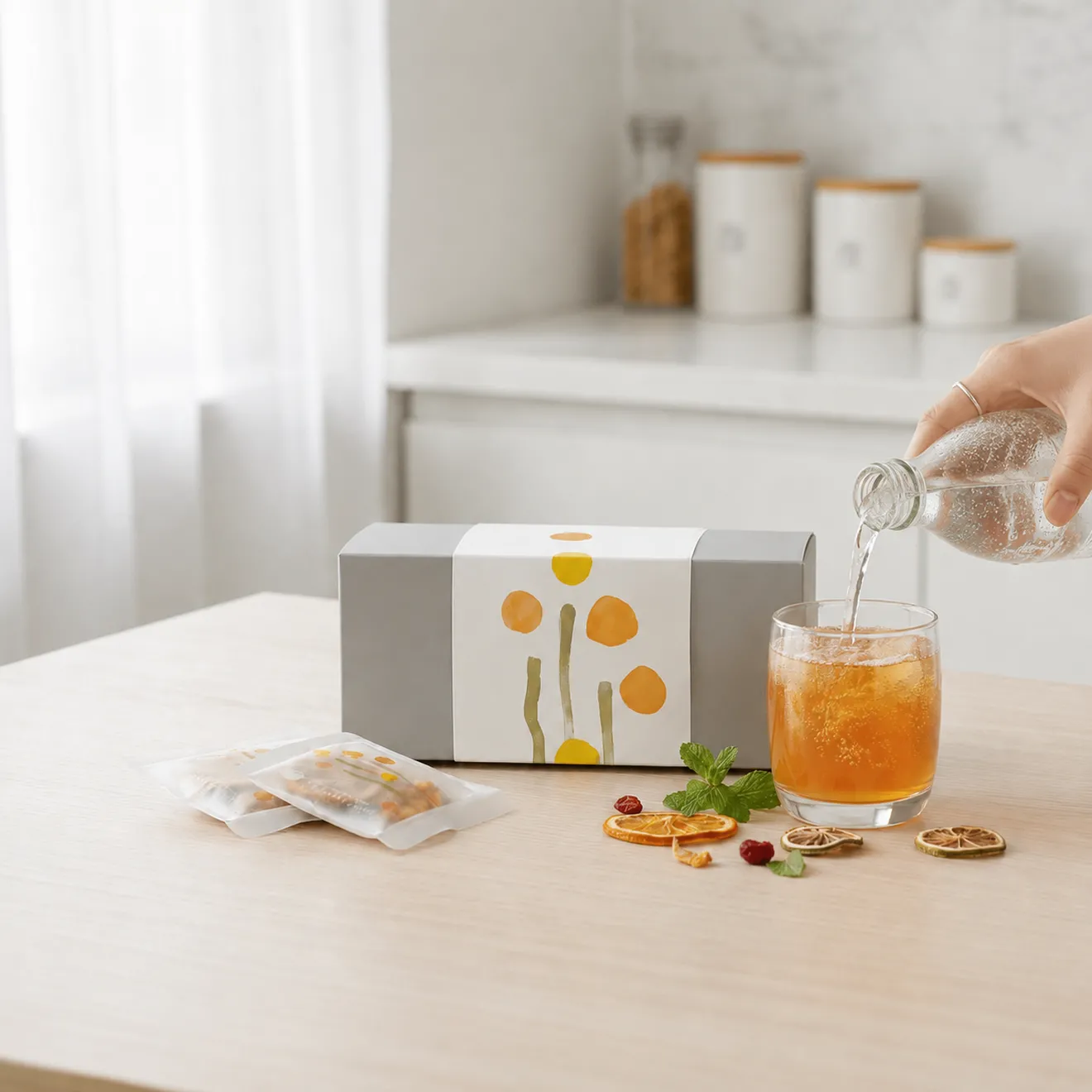 木桌上的 FRUITEA 果乾水盒、獨立果乾包與橙色氣泡果乾水