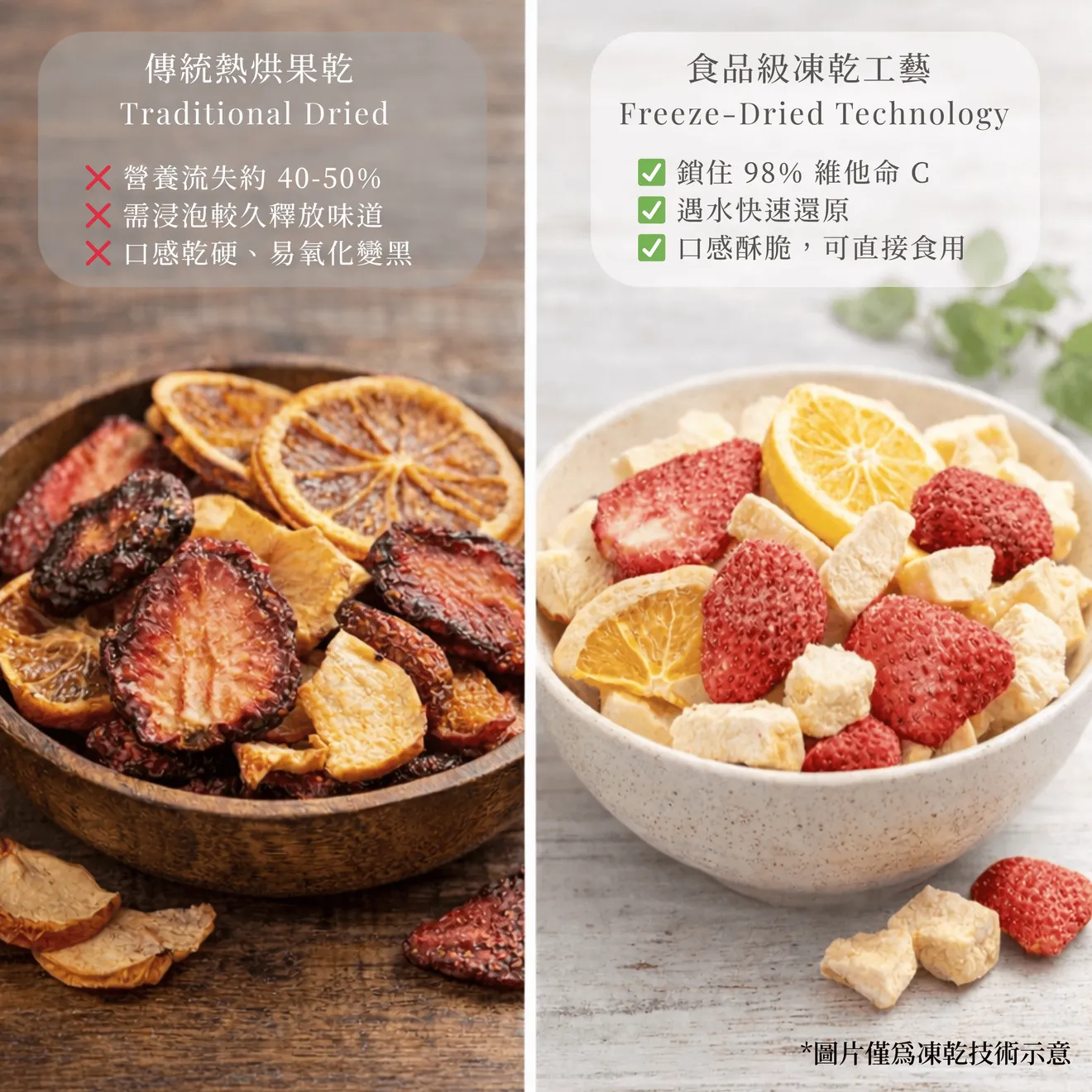 凍乾與熱烘工藝對比