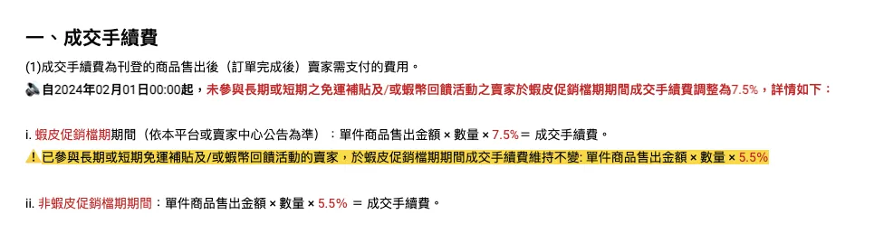 蝦皮2024年手續費抽成