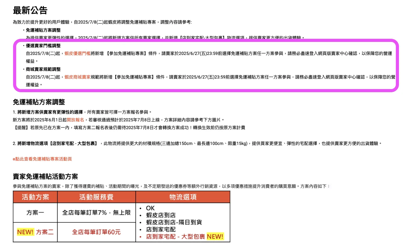 2025年蝦皮優選賣家新增免運活動條件