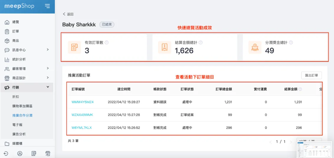 meepShop分潤機制的後台,顯示成效與金額
